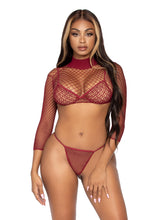 Load image into Gallery viewer, 3 Pc Industrial Net Bikini Top G-String and Long Sleeved Crop Top - One Size - Burgundy LA-81583BUR