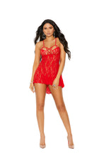 Load image into Gallery viewer, Lace Halter Neck Babydoll With Strappy Detail and Matching G-String - One Size - Red EM-12037RD
