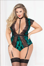 Load image into Gallery viewer, Flocked Mesh Bodysuit W/garter - Green - 3x4x STM-10940XGRN3X4X
