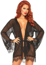 Load image into Gallery viewer, 3 Pc Sheer Short Robe With Eyelash Lace Trim and Flared Sleeves - Black - S/m LA-86107BLKSM
