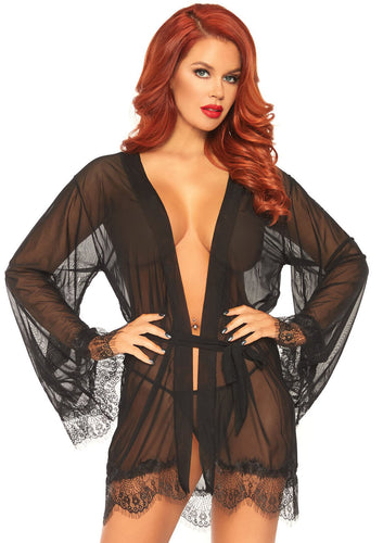 3 Pc Sheer Short Robe With Eyelash Lace Trim and Flared Sleeves - Black - S/m LA-86107BLKSM
