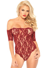 Load image into Gallery viewer, Scalloped Rose Lace Strapless Teddy With Cuff Sleeves - Burgandy - Medium/large LA-89234BURML
